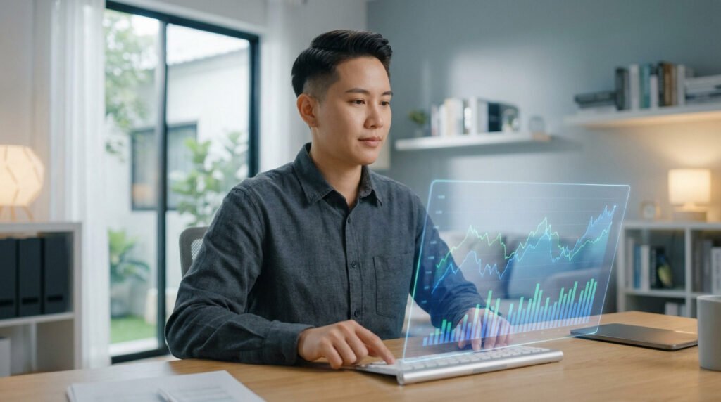 Un trader utilisant une interface holographique pour analyser des graphiques boursiers dans un bureau moderne.
