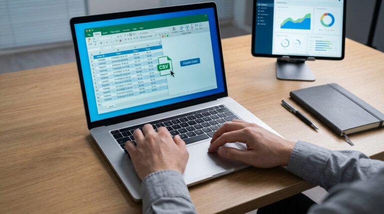 Mains sur un ordinateur portable affichant une interface d'importation de données CSV sur un tableur.