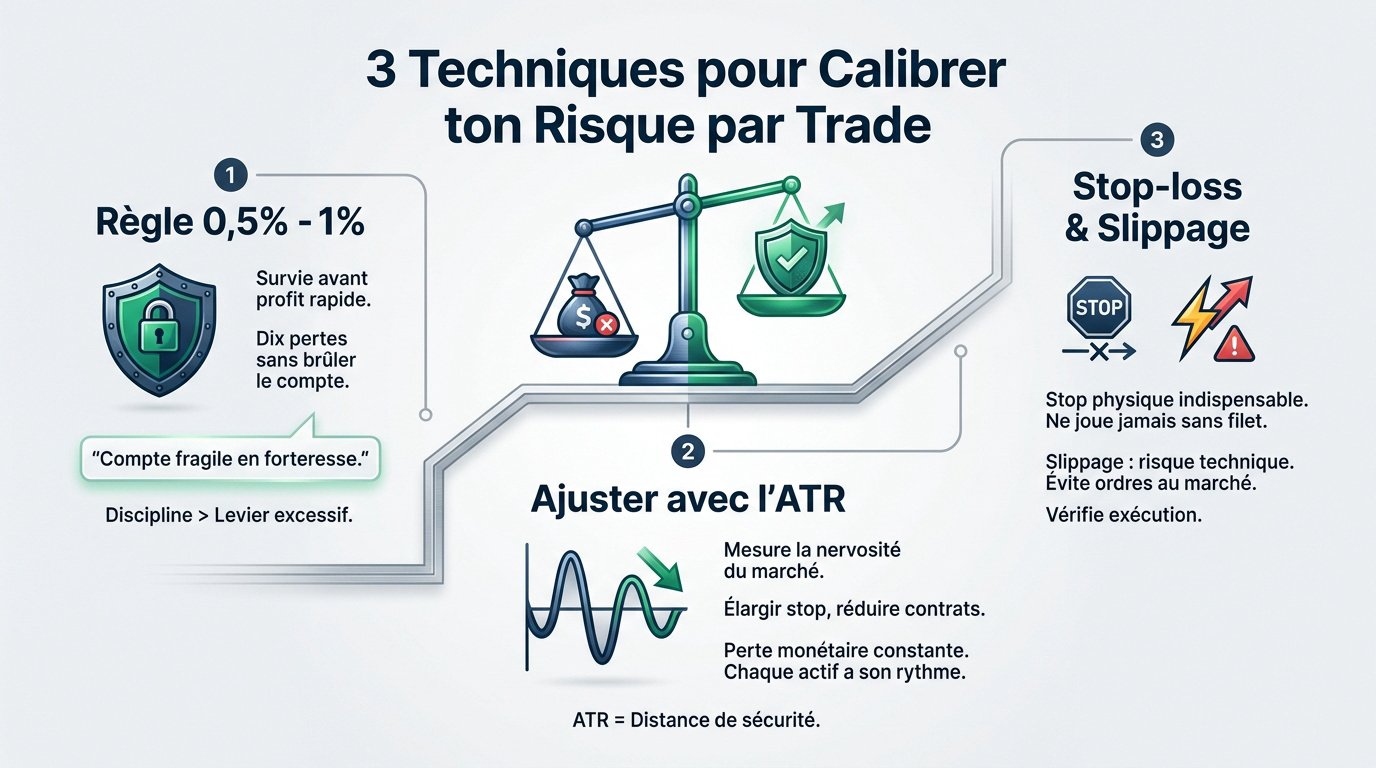 Graphique illustrant le calibrage du risque et la gestion de position en trading prop firm