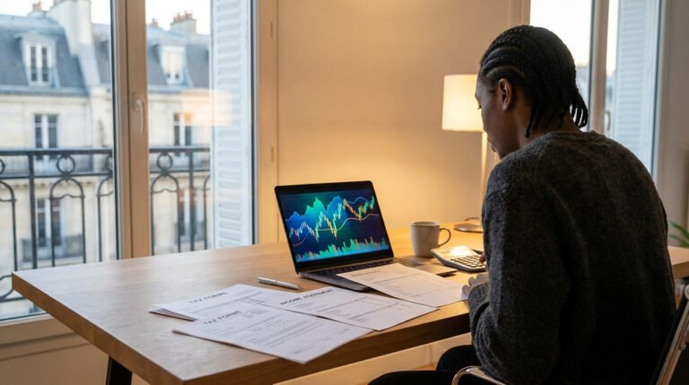 Un trader travaille sur un ordinateur affichant des graphiques boursiers et remplit des formulaires fiscaux.