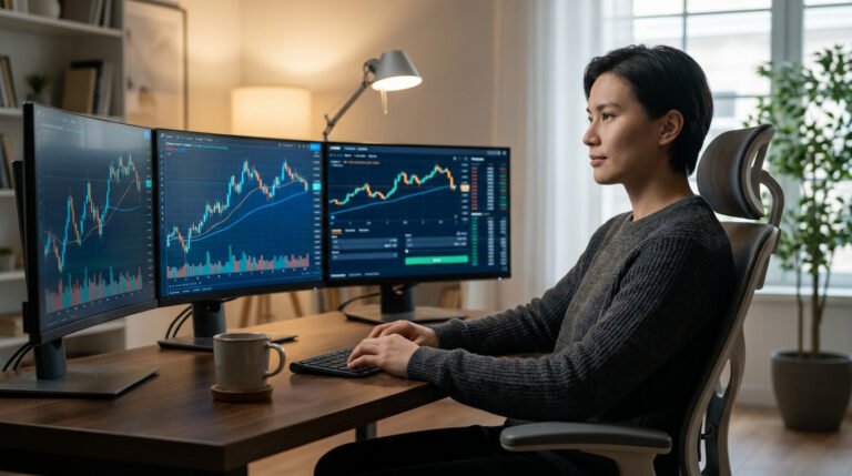 Un trader concentré devant trois écrans affichant des graphiques boursiers dans un bureau moderne et calme.