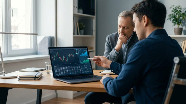 Un coach financier et un trader analysant ensemble des graphiques de bourse sur un ordinateur portable au bureau.