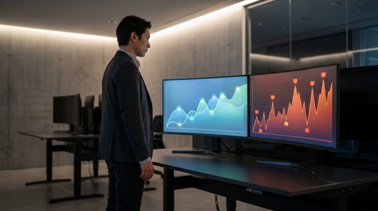 Un homme en costume observe deux écrans affichant des courbes financières dans un bureau moderne sombre.