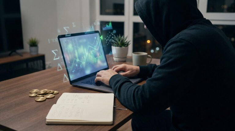 Un trader en sweat à capuche travaillant sur un ordinateur portable avec des graphiques financiers holographiques.