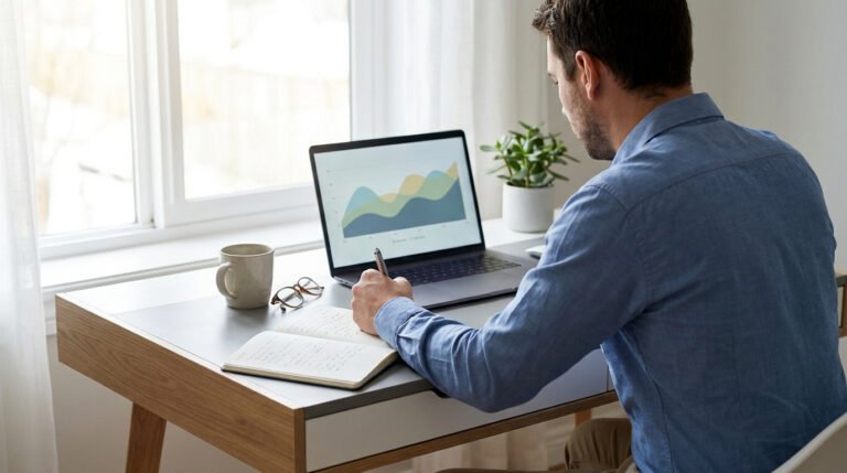 Un homme travaillant sur son ordinateur portable affichant des graphiques financiers et prenant des notes dans un carnet.