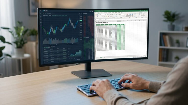 Un utilisateur travaillant sur un écran large affichant R|Trader à gauche et un fichier Excel avec ses trades à droite.