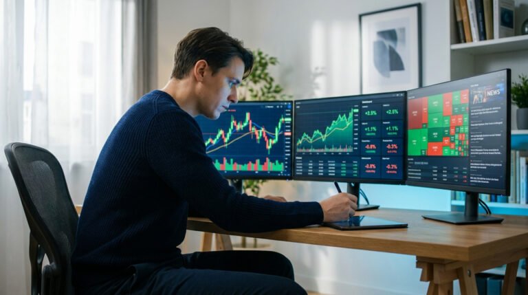 Un trader analysant des graphiques financiers sur trois écrans dans un bureau moderne.