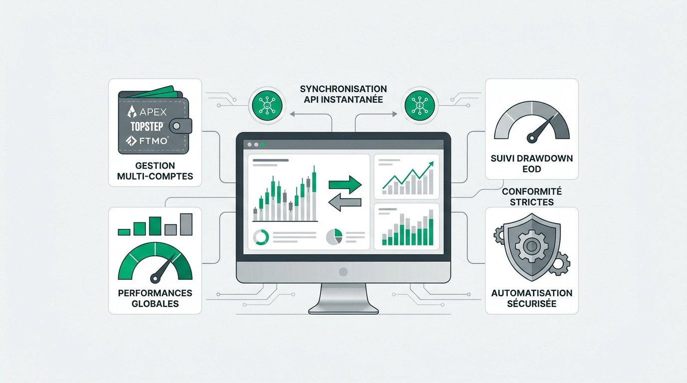 Plusieurs prop firms : interface de journal de trading synchronisée via API