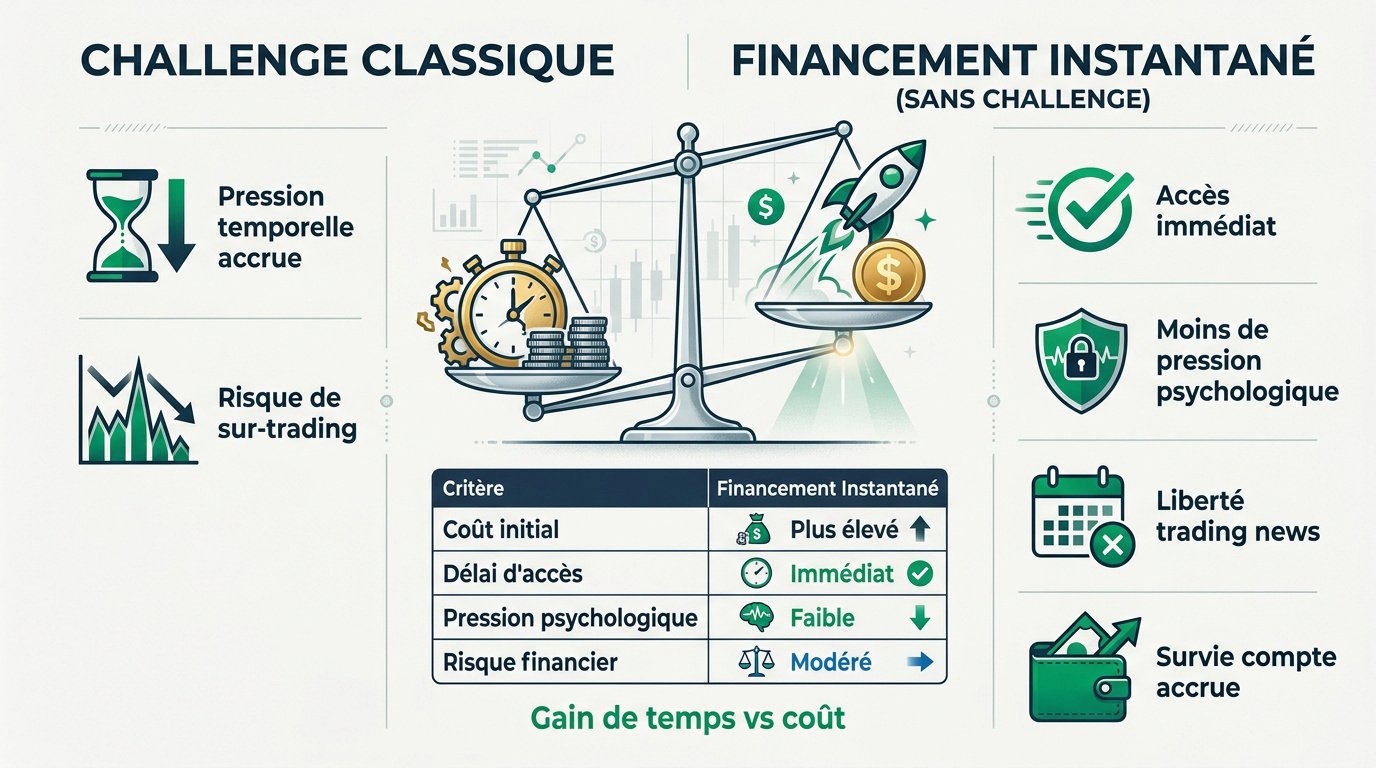 Comparaison entre challenge de trading classique et financement instantané prop firm