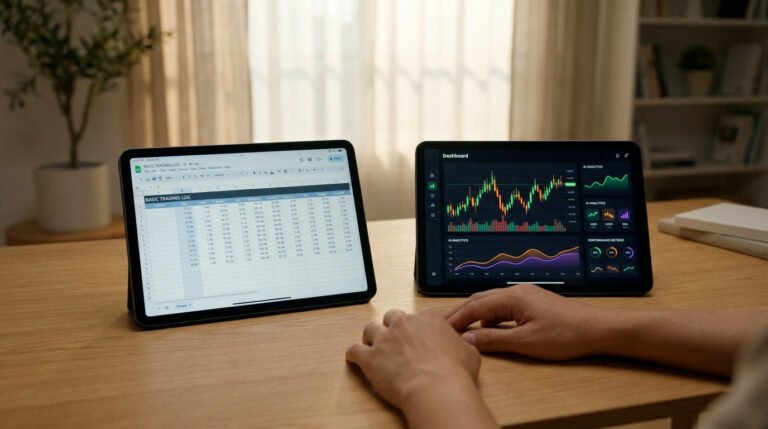 Deux tablettes côte à côte affichant un tableau de trading manuel et un tableau de bord analytique moderne.