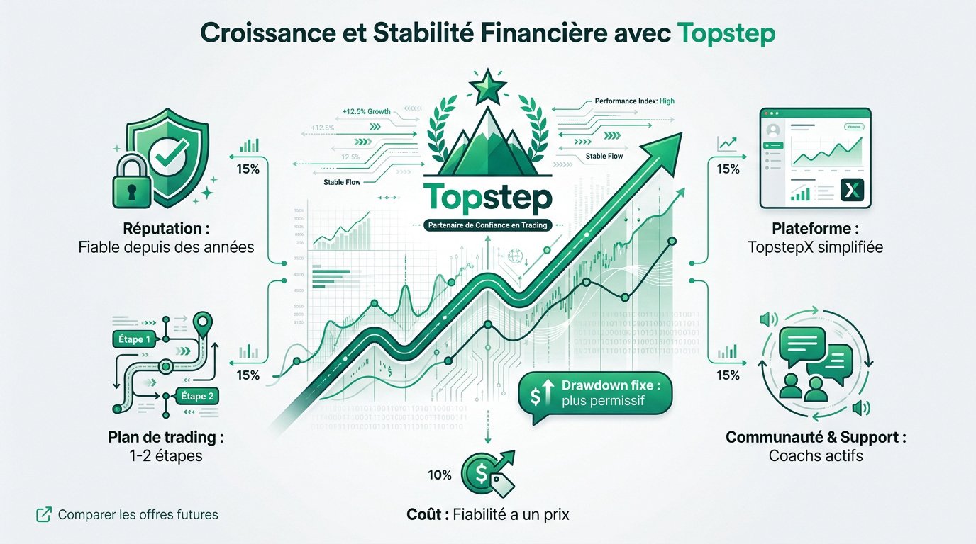 Interface de trading Topstep axée sur la stabilité financière