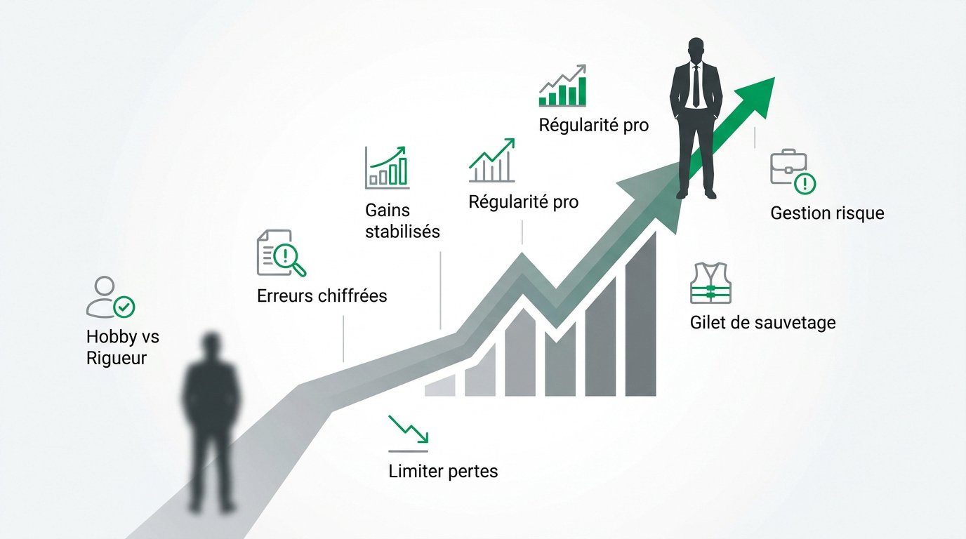 Analyser ses performances de trading : graphique montrant l'évolution de la courbe de performance d'un trader amateur vers un trader professionnel