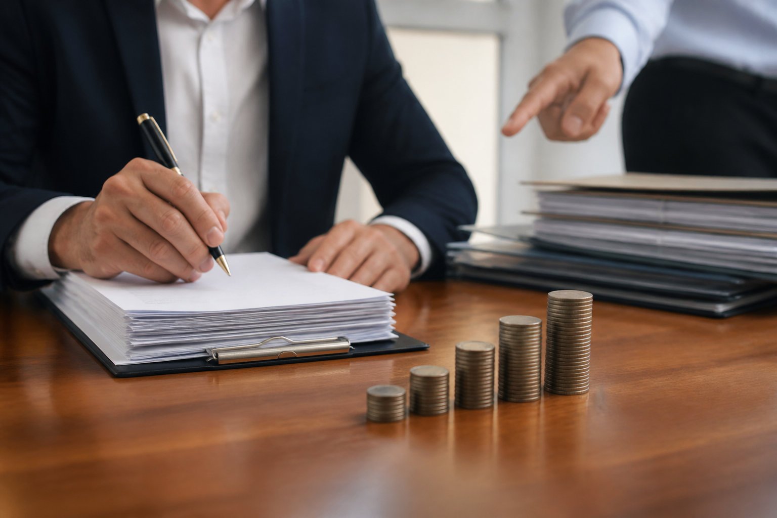 CGV PropLog : un homme en costume signe un contrat à côté de piles de pièces illustrant une croissance financière.