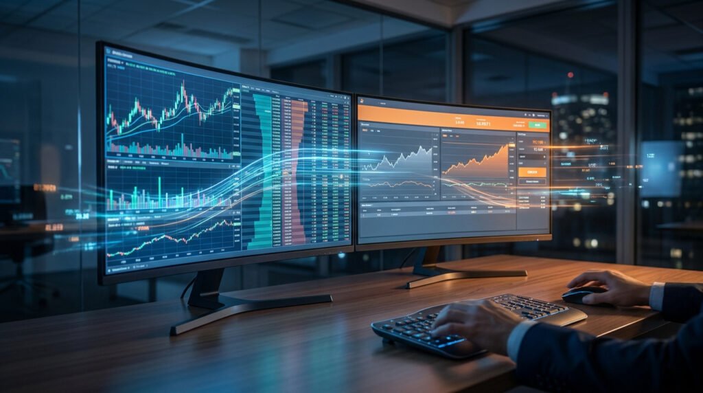 Bureau de trading avec deux écrans affichant des graphiques boursiers complexes et des données de marché en temps réel.