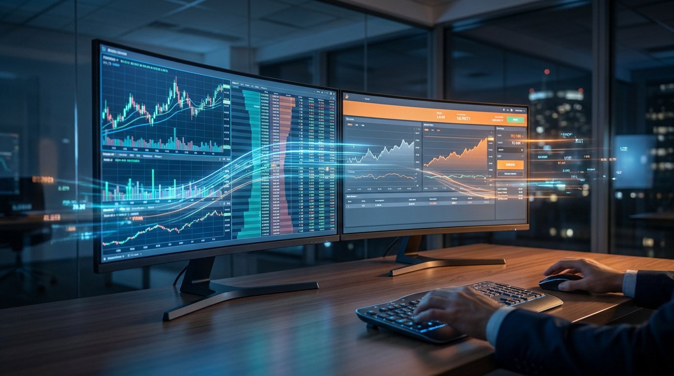 Bureau de trading avec deux écrans affichant des graphiques boursiers complexes et des données de marché en temps réel.