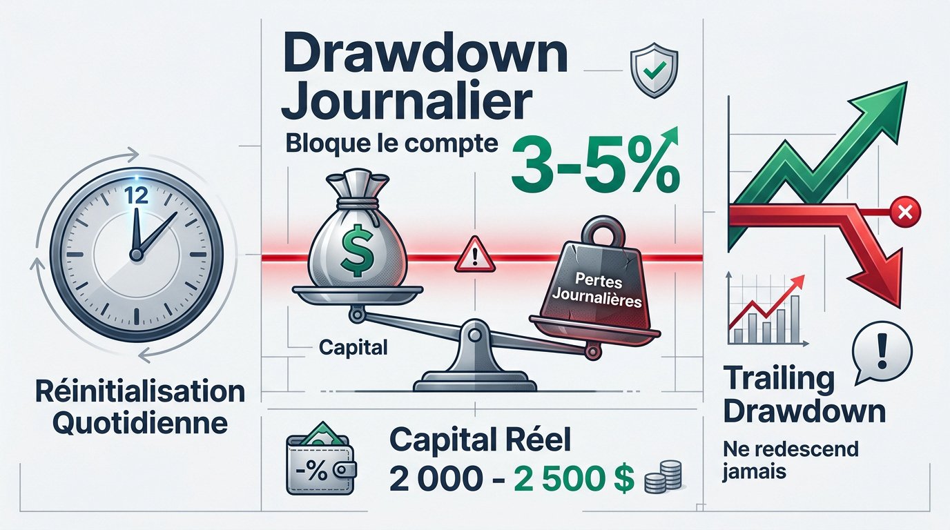 Pertes journalières prop firm : graphique expliquant le fonctionnement du drawdown journalier et du trailing drawdown