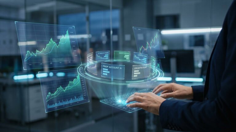 Un trader utilisant une interface holographique pour gérer plusieurs comptes de prop firm dans un bureau moderne.