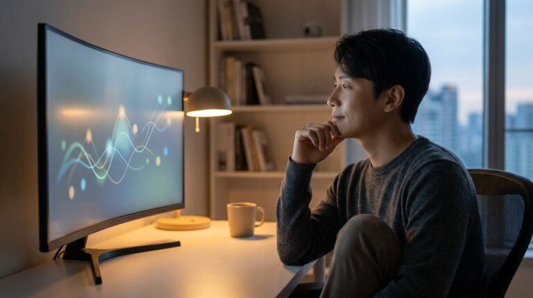 Un trader réfléchi regarde des graphiques financiers sur son écran dans un bureau calme et tamisé.