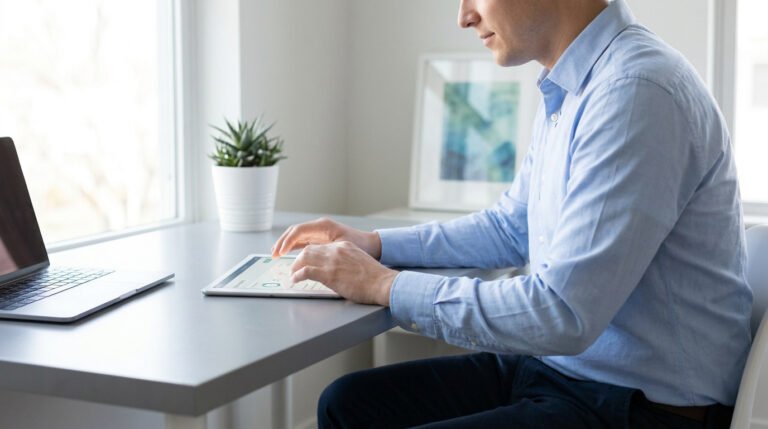 Un homme en chemise bleue travaille calmement sur une tablette numérique à son bureau moderne.