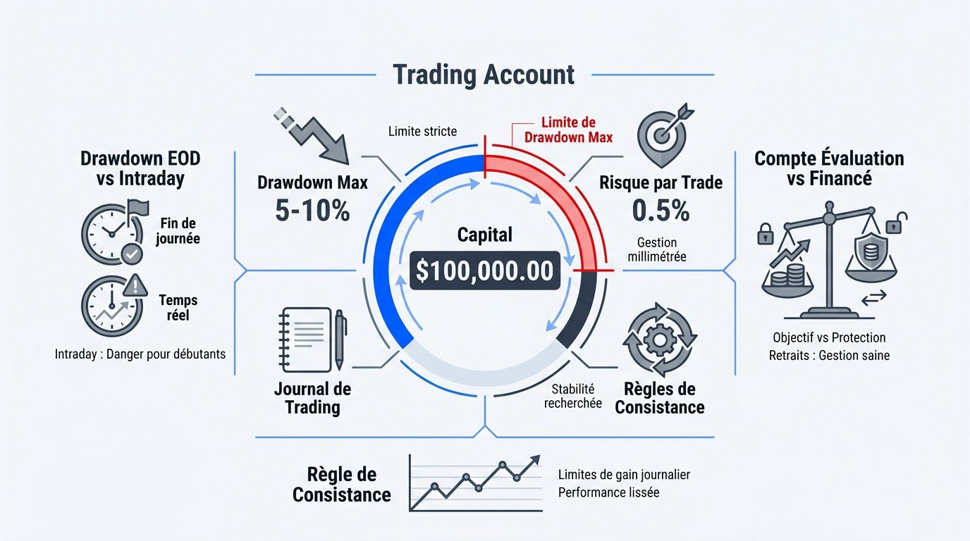 Consistency prop firm : infographie sur la gestion d'un compte de trading à 100 000 $ avec des conseils sur le drawdown et la consistance.