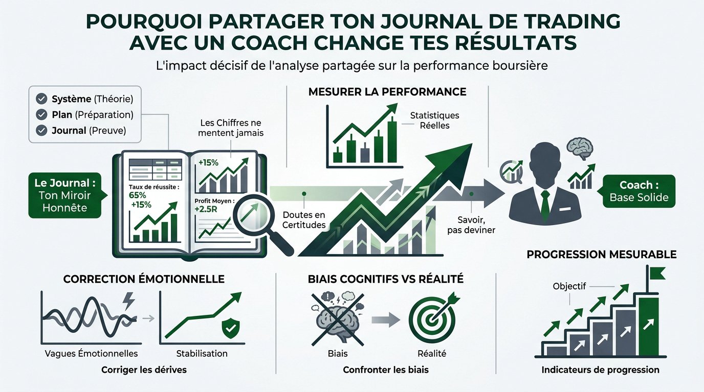Journal de trading avec un coach : infographie expliquant la relation entre le trader, le coach et le journal de trading