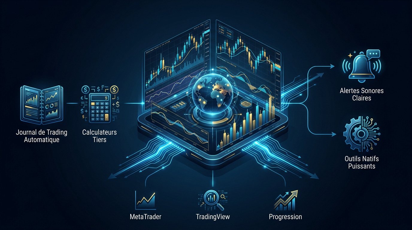 Outils trading futures : infographie numérique sur la gestion des risques financiers montrant des outils de trading, graphiques et une terre centrale.