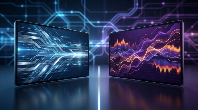 Deux écrans numériques affichant des graphiques financiers abstraits sur un fond technologique bleu et violet.