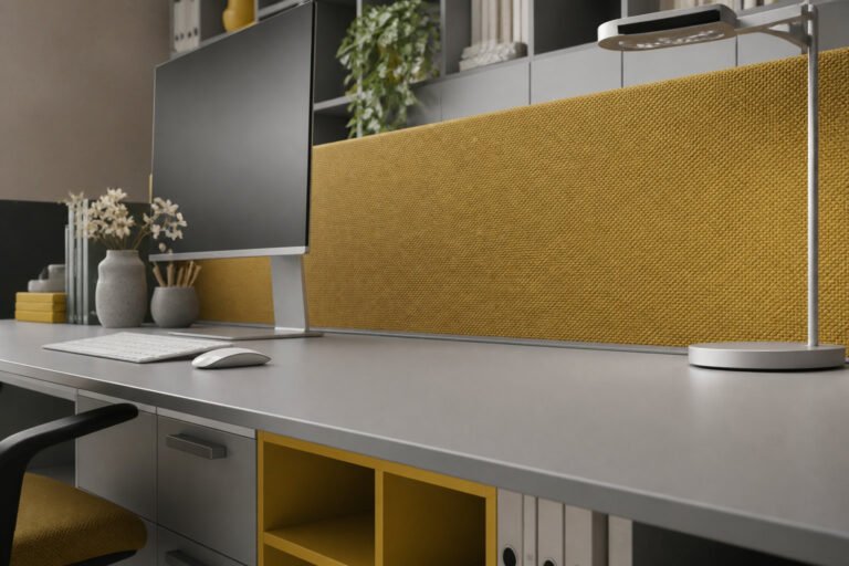 Espace de travail moderne avec moniteur, lampe et panneau acoustique jaune moutarde.