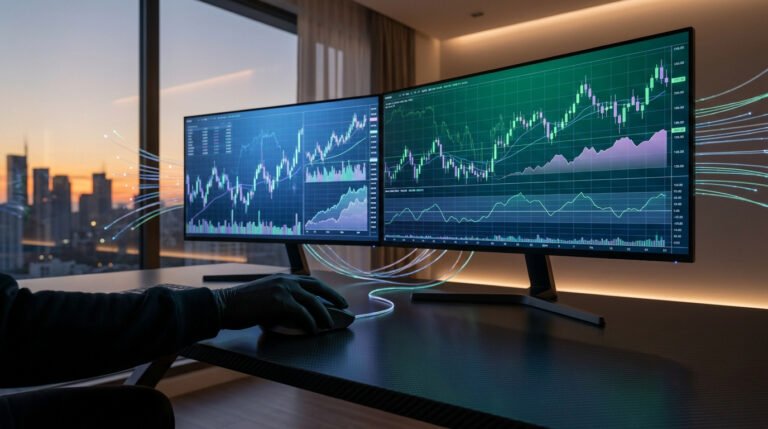Trader utilisant deux écrans affichant des graphiques financiers avec des flux de données stylisés dans un bureau moderne.