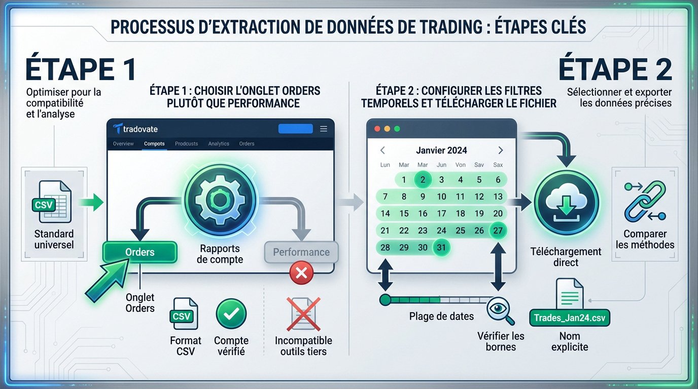 Processus d'extraction des données de trading Tradovate vers CSV