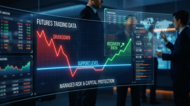 Graphique numérique illustrant le drawdown et la récupération sur les marchés financiers avec des traders en arrière-plan.