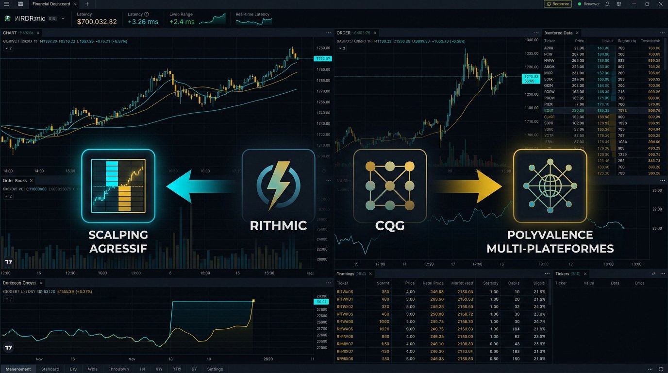 Rithmic ou CQG : tableau de bord financier high-tech affichant les flux futures