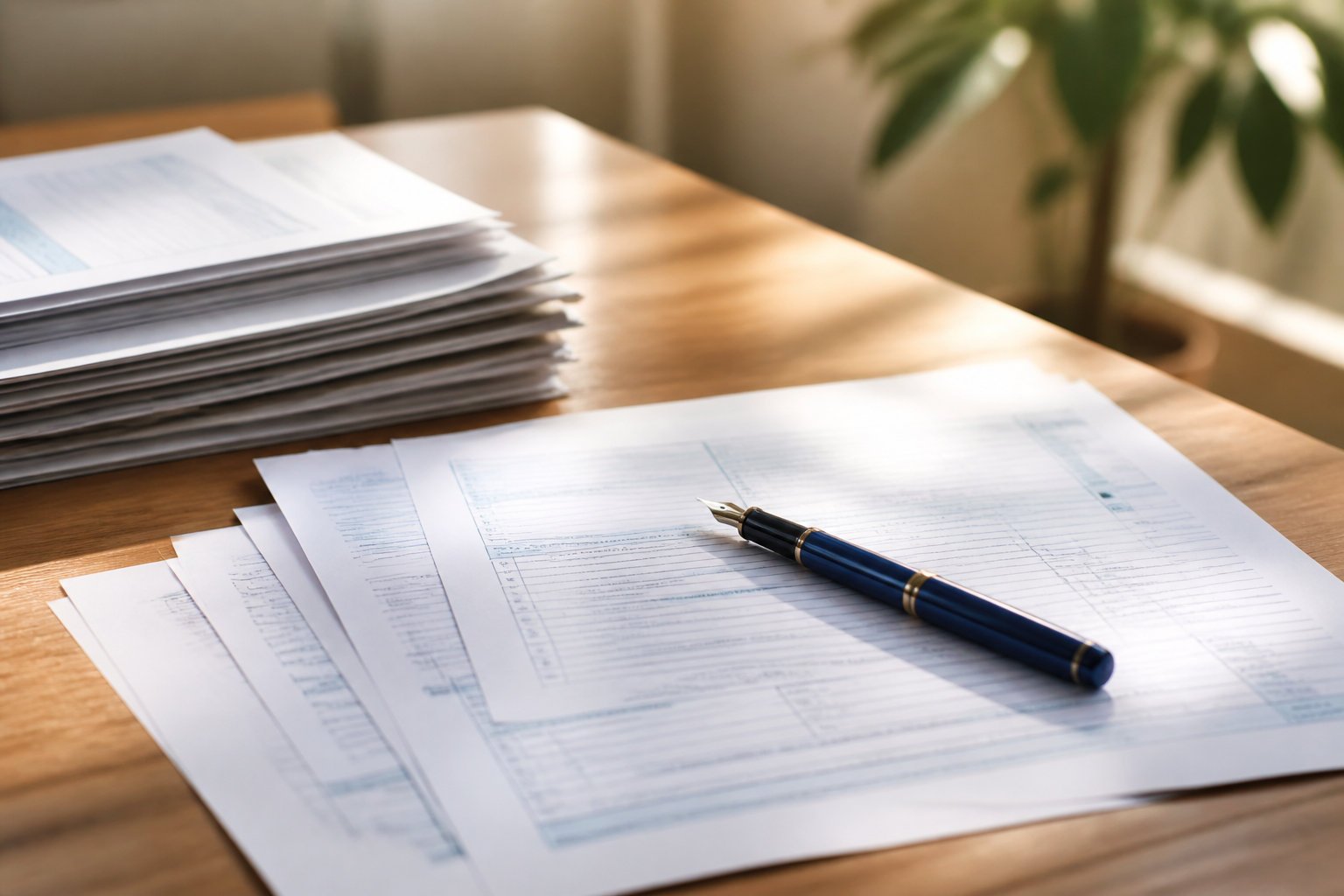Mentions légales PropLog : un stylo plume élégant posé sur des documents financiers sur un bureau en bois baigné de lumière.