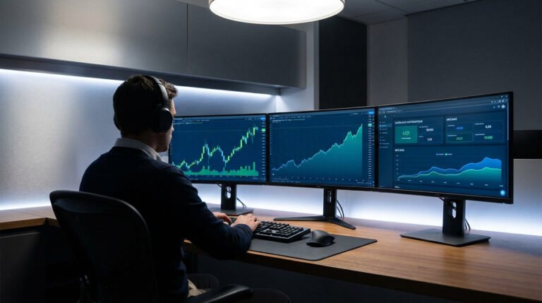Un trader avec un casque devant trois écrans affichant des courbes de trading en temps réel dans un bureau moderne.