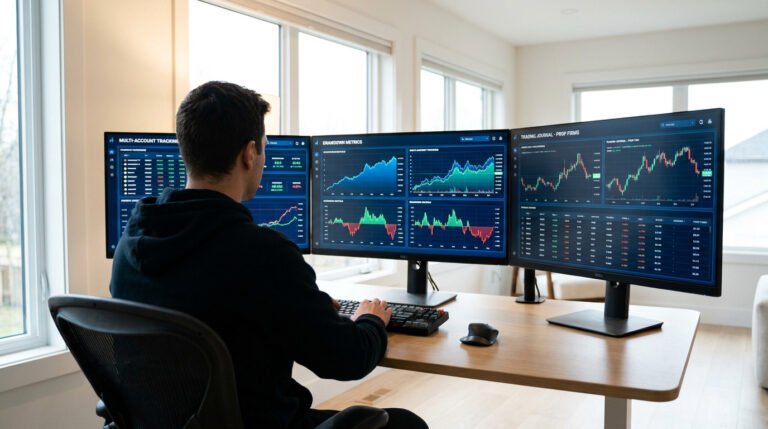 Un trader utilisant trois écrans pour gérer ses performances et ses comptes de trading de prop firms.