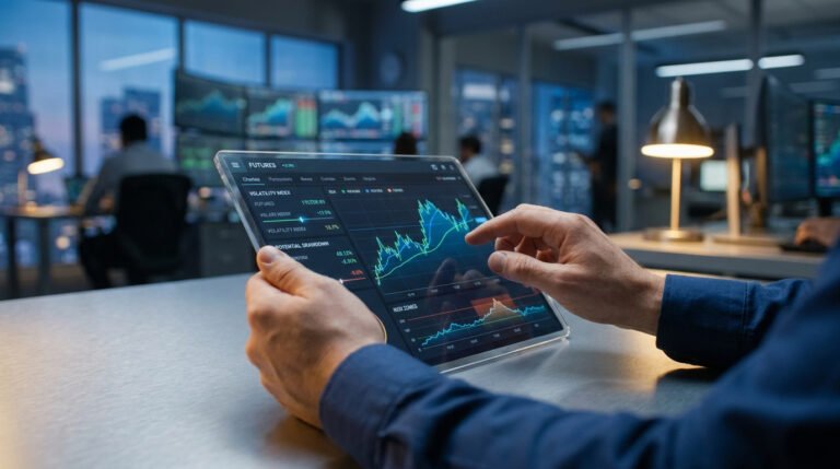Trader analysant des graphiques financiers sur une tablette transparente dans un bureau moderne avec des écrans en arrière-plan.