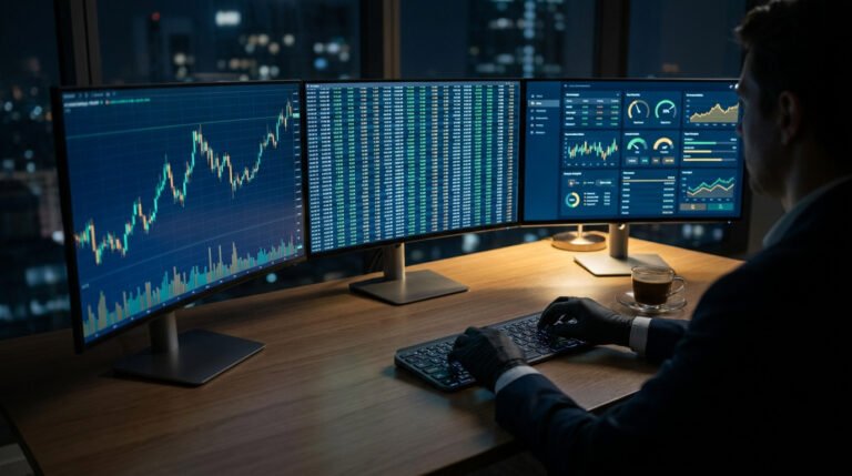 Trader professionnel travaillant sur trois écrans affichant des graphiques boursiers et des données de marché en temps réel.