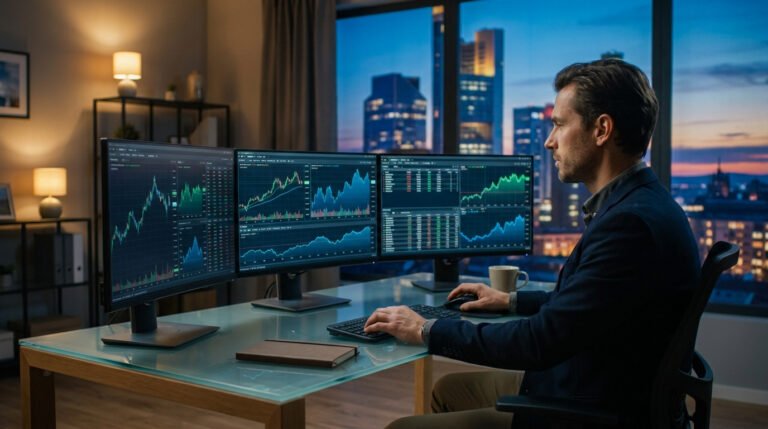 Un trader professionnel analysant des graphiques financiers sur trois écrans dans un bureau moderne avec vue sur la ville.