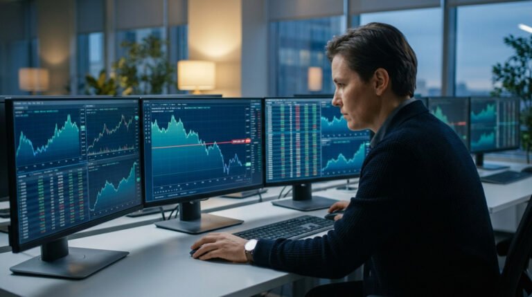 Un trader concentré devant plusieurs écrans affichant des graphiques financiers en temps réel dans un bureau.