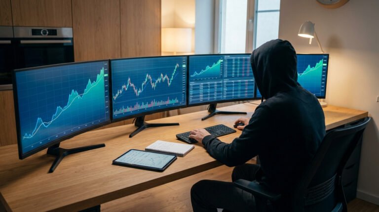 Un trader en sweat à capuche travaille sur quatre écrans affichant des graphiques boursiers dans un bureau moderne.