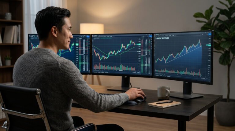 Trader confiant devant plusieurs écrans affichant des graphiques boursiers complexes dans un bureau calme.