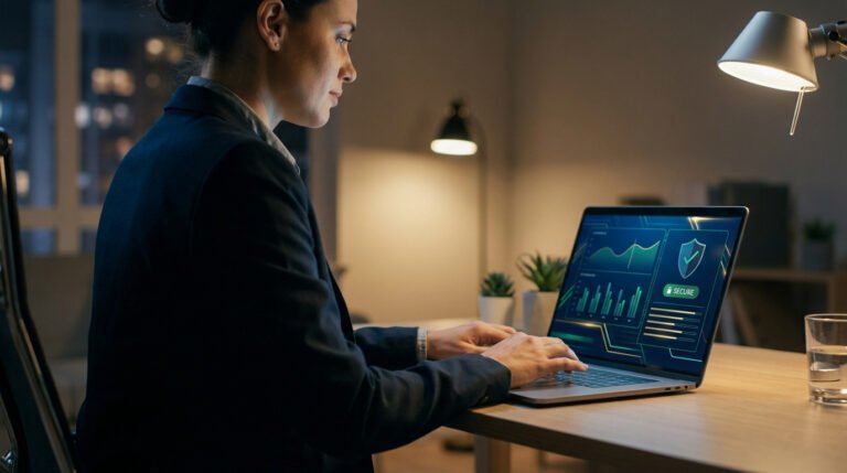 Une femme en tenue professionnelle travaillant sur un ordinateur portable affichant des graphiques de sécurité financière.