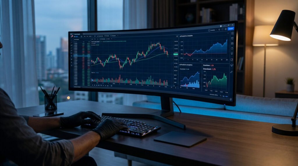 Trader travaillant sur un écran ultra-large affichant des graphiques boursiers complexes dans un bureau moderne.