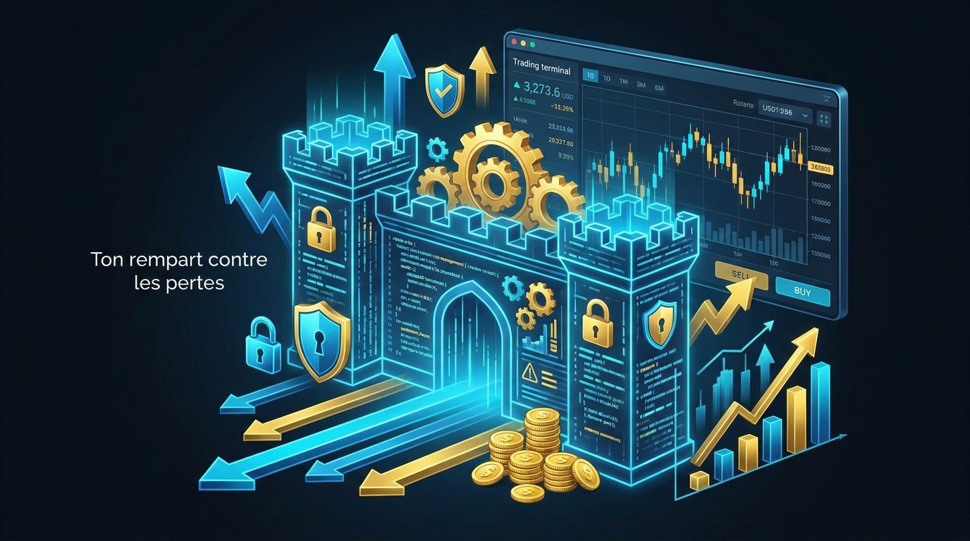 Daily loss limit : illustration d'une forteresse numérique protégeant des données financières avec des graphiques de trading en arrière-plan.