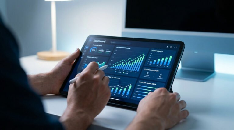 Trader utilisant une tablette pour analyser des graphiques de performance financière sur un tableau de bord moderne.
