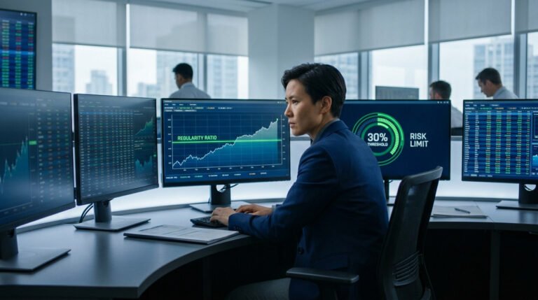Trader analysant des graphiques de performance avec un indicateur de risque de 30% sur ses écrans.