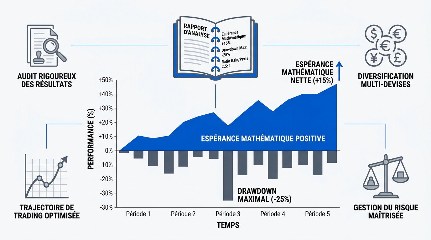 Changelog PropLog : infographie montrant une courbe de performance, des métriques de trading et des indicateurs de gestion des risques.