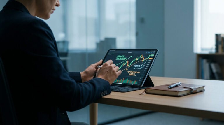 Professionnel analysant un graphique de croissance sur tablette avec un stylet.
