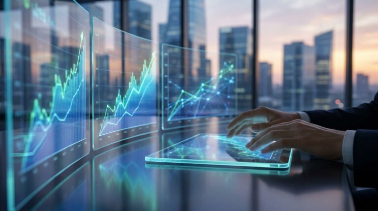Mains manipulant une interface de trading numérique futuriste affichant des graphiques financiers devant une ville.