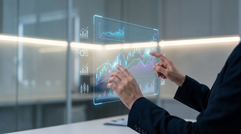 Un professionnel manipule une interface numérique holographique affichant des graphiques boursiers et des données complexes.